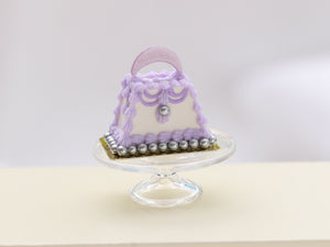 Elegant White and Lilac Handbag Cake - Handmade Miniature Food for Dollhouses in 12th Scale