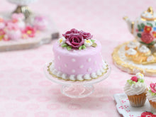 Load image into Gallery viewer, Pink Cake with a trio of Purple Roses - OOAK - Miniature Food in 12th Scale