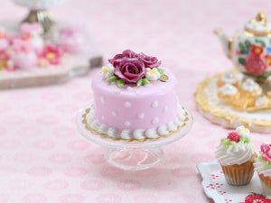 Pink Cake with a trio of Purple Roses - OOAK - Miniature Food in 12th Scale