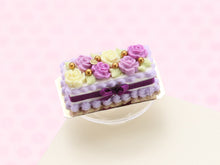 Load image into Gallery viewer, Rectangular Cake Decorated with Lilac and White Chocolate Flowers, Purple Silk Bow - Handmade Miniature Food