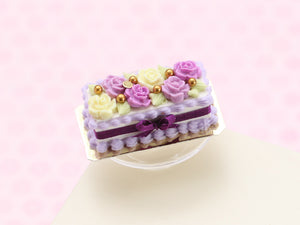 Rectangular Cake Decorated with Lilac and White Chocolate Flowers, Purple Silk Bow - Handmade Miniature Food