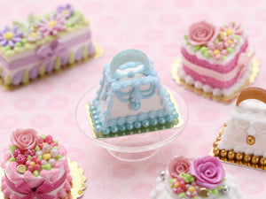 White and Blue Handbag Cake - Handmade Miniature Food for Dollhouses in 12th Scale