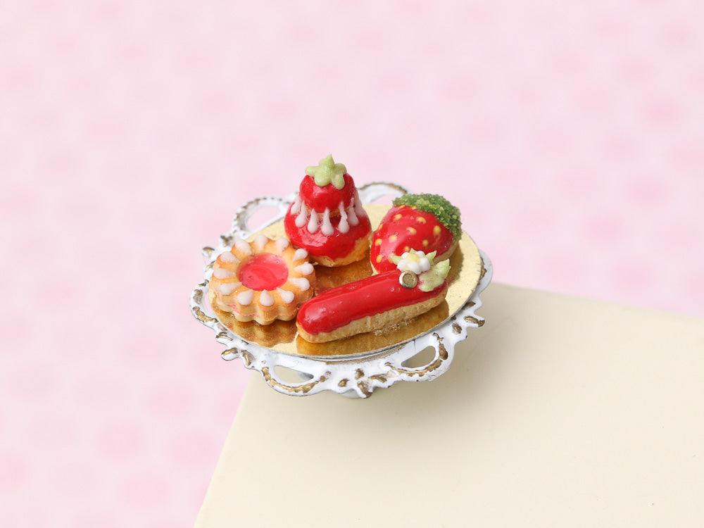 French Strawberry-themed Pastries - Eclair, Religieuse, Choux Pastry - Handmade Miniature Food