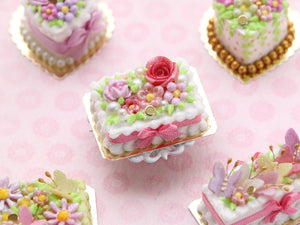 Pink Rose, Flower, Blossoms, Rectangular Miniature Cake - 12th Scale Dollhouse Food