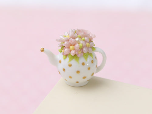 Decorative Pink Rose, Marguerite and Floral Miniature Teapot (4D) OOAK - 12th Scale Dollhouse Miniature