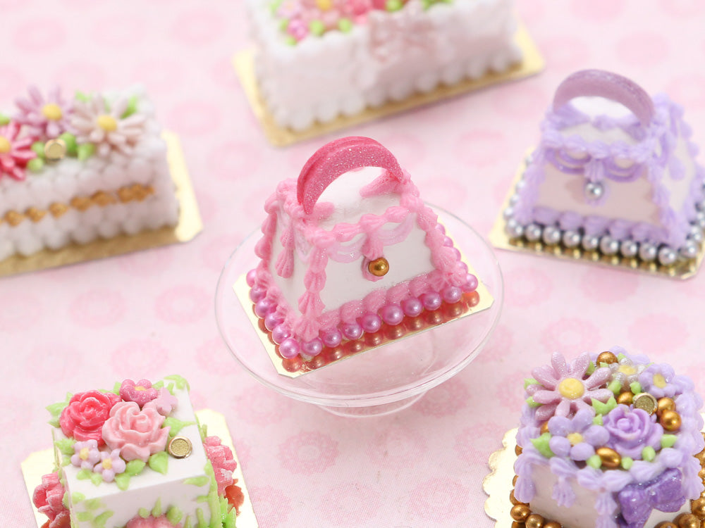 White and Pink Handbag Cake - Handmade Miniature Food for Dollhouses in 12th Scale
