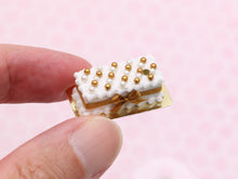 Load image into Gallery viewer, Rectangular Miniature Cake with Gold and White Pearls Decoration, Gold Ribbon - 12th Scale Dollhouse Food