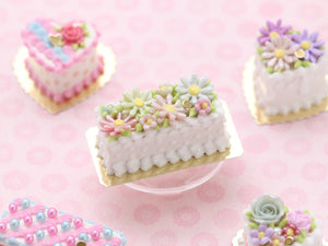 Rectangular Cake Decorated with Pastel Marguerites and Blossoms - Handmade Miniature Food