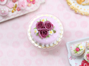 Pink Cake with a trio of Purple Roses - OOAK - Miniature Food in 12th Scale