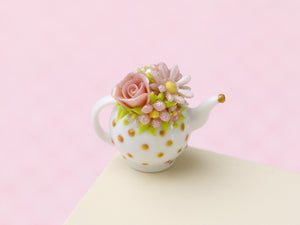 Decorative Pink Rose, Marguerite and Floral Miniature Teapot (4D) OOAK - 12th Scale Dollhouse Miniature