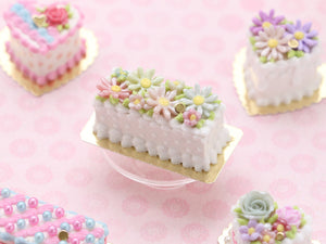 Rectangular Cake Decorated with Pastel Marguerites and Blossoms - Handmade Miniature Food