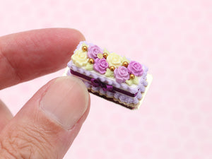 Rectangular Cake Decorated with Lilac and White Chocolate Flowers, Purple Silk Bow - Handmade Miniature Food