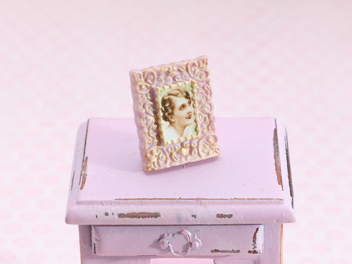 Vintage Photo Portrait of a Lady in Ornate Pink Photo Frame - A - OOAK - Handmade Dollhouse Miniature