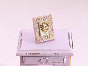 Vintage Photo Portrait of a Lady in Ornate Pink Photo Frame - A - OOAK - Handmade Dollhouse Miniature
