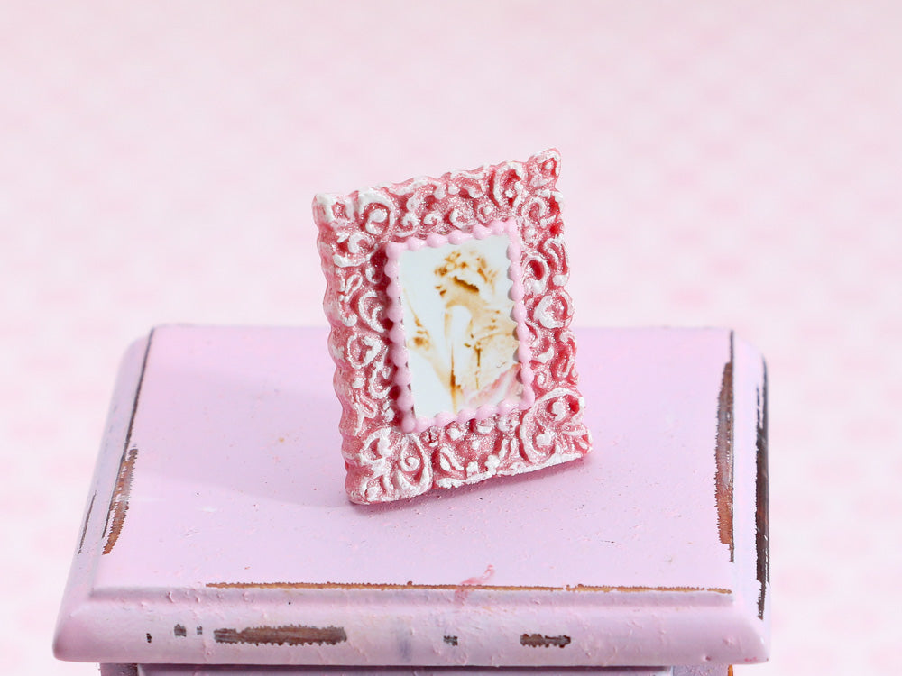 Vintage Photo Portrait of a Lady in Ornate Pink Photo Frame - B - OOAK - Handmade Dollhouse Miniature