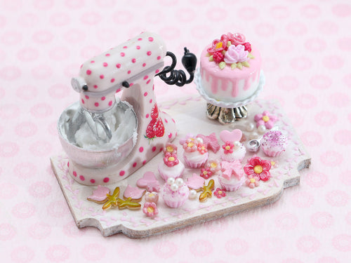 Pink Pastries, Cookies, Cake Preparation Board w/ Kitchen Aid type Mixer - OOAK - Handmade Miniature