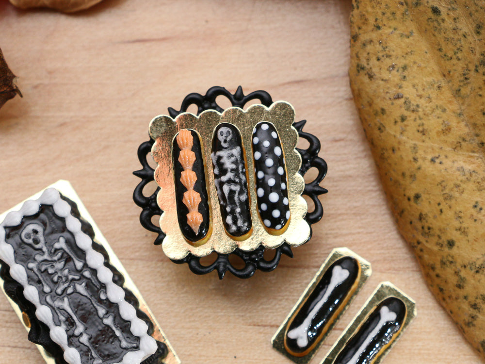 Presentation of Halloween French Eclairs - Skeleton! - 12th Scale Handmade Miniature Pastries