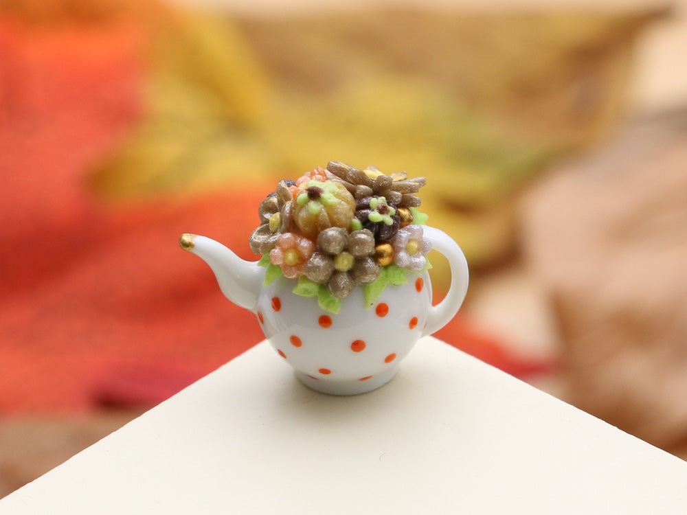 Autumn Teapot (C) Gold / Brown Pumpkins and Blossoms - OOAK - 12th Scale Dollhouse Miniature