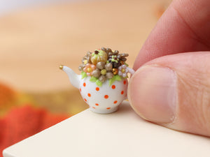 Autumn Teapot (C) Gold / Brown Pumpkins and Blossoms - OOAK - 12th Scale Dollhouse Miniature