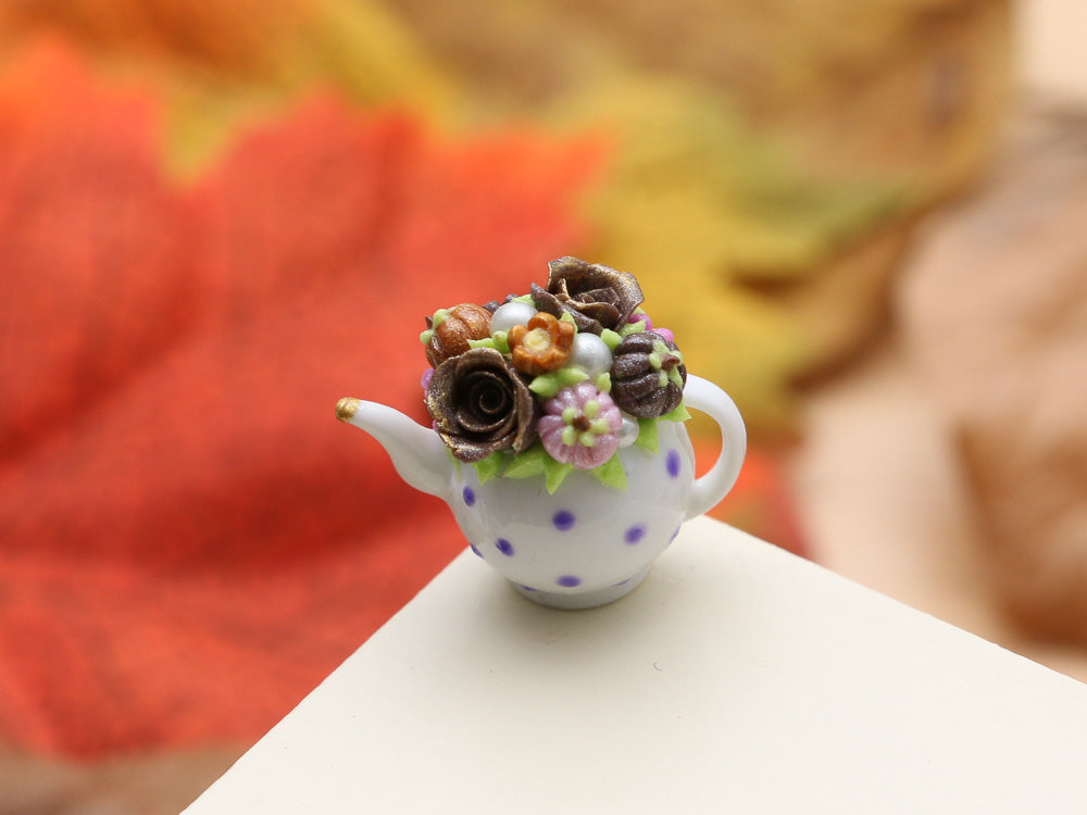 OOAK - Autumn Teapot (E) Rust Roses and Blossoms - OOAK - 12th Scale Dollhouse Miniature