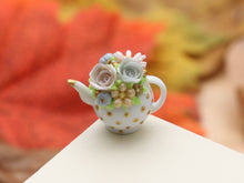 Load image into Gallery viewer, OOAK - Autumn Teapot (F) Pale Pink and Blue Roses - OOAK - 12th Scale Dollhouse Miniature