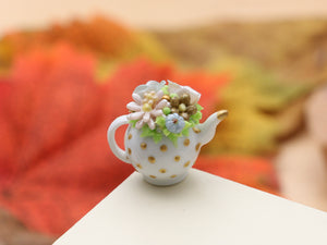 OOAK - Autumn Teapot (F) Pale Pink and Blue Roses - OOAK - 12th Scale Dollhouse Miniature