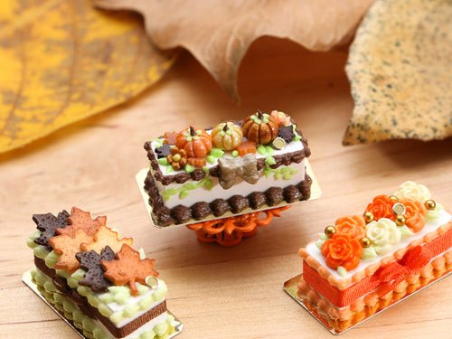 Rectangular Miniature Autumn Cake, Three Pumpkins - 12th Scale Dollhouse Food