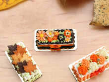 Load image into Gallery viewer, Rectangular Miniature Autumn Cake, Marguerites, Pumpkins, Black Icing, Orange Bow - 12th Scale Dollhouse Food