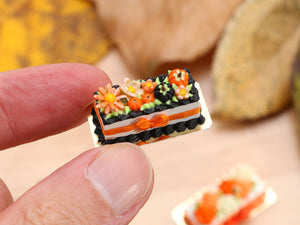 Rectangular Miniature Autumn Cake, Marguerites, Pumpkins, Black Icing, Orange Bow - 12th Scale Dollhouse Food