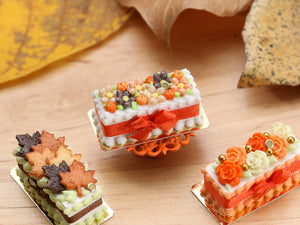 Rectangular Miniature Autumn Cake, Blossoms, Tiny Pumpkins, Orange Bow - 12th Scale Dollhouse Food