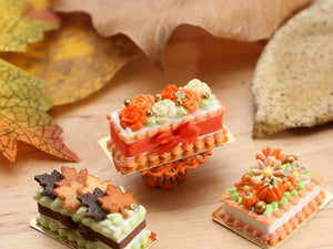 Rectangular Miniature Autumn Cake, Orange and White Chocolate Flowers - 12th Scale Dollhouse Food