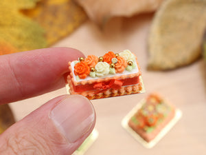 Rectangular Miniature Autumn Cake, Orange and White Chocolate Flowers - 12th Scale Dollhouse Food