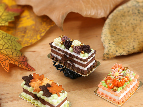 Rectangular Miniature Autumn Cake, Triple Chocolate Flowers - 12th Scale Dollhouse Food