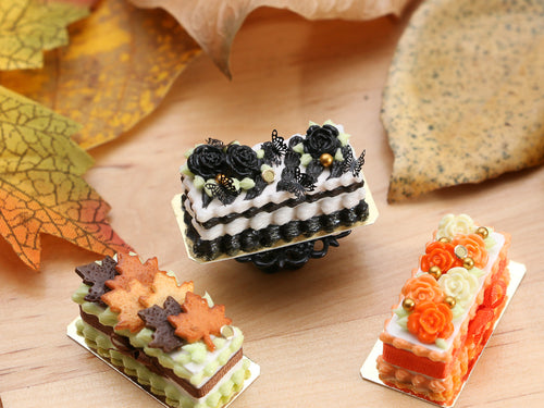 Rectangular Miniature Halloween Cake, Black Flowers and Butterflies - 12th Scale Dollhouse Food