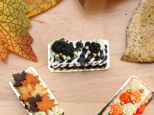 Rectangular Miniature Halloween Cake, Black Flowers and Butterflies - 12th Scale Dollhouse Food
