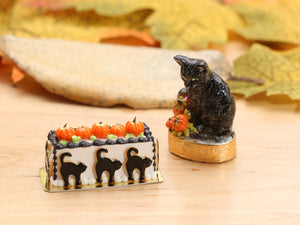 Black Cat and Pumpkin Rectangular Cake - Handmade Autumn Halloween Miniature Dollhouse Food