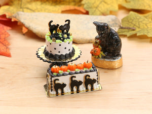 Black Cat and Pumpkin Rectangular Cake - Handmade Autumn Halloween Miniature Dollhouse Food