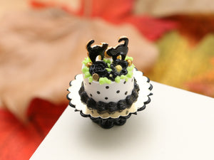 Black Cat and Flowers Round Cake - Handmade Autumn Halloween Miniature Dollhouse Food