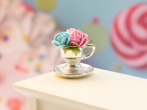 Floral Pink and Blue Rose Display in Silver Metal Teacup Planter - Dollhouse Miniature Decoration
