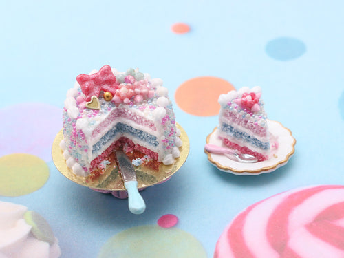 Pink and Blue Layer Cake w/ Serving and Knife - Handmade Miniature Food