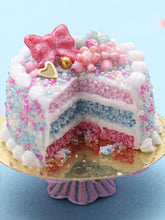 Load image into Gallery viewer, Pink and Blue Layer Cake w/ Serving and Knife - Handmade Miniature Food