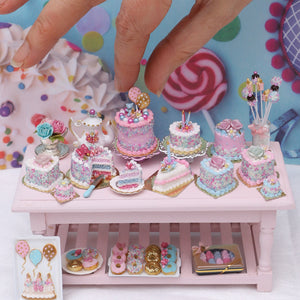 Heartshaped Cake - Dark Pink Rose, Blue Cream - Birthday Collection - Handmade Miniature Food