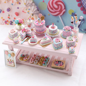 Heartshaped Cake - Blue Rose, Pink Cream - Birthday Collection - Handmade Miniature Food