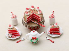 Load image into Gallery viewer, Christmas Goûter / Dessert Teatime Set for Two with Cake, Slices, Cappuccino, Teapot - Handmade Miniature Food