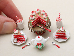 Christmas Goûter / Dessert Teatime Set for Two with Cake, Slices, Cappuccino, Teapot - Handmade Miniature Food