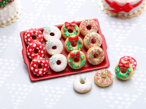 Tray of Festive Decorated Miniature Christmas Donuts - Handmade Miniature Food