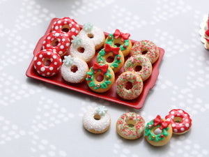 Tray of Festive Decorated Miniature Christmas Donuts - Handmade Miniature Food