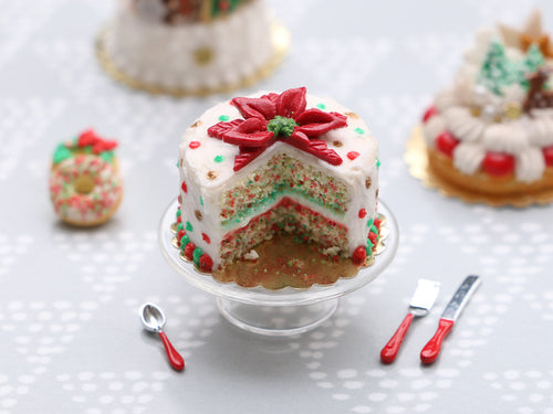 Beautiful Poinsettia Christmas Confetti Cake (Cut Open) - Handmade Miniature Food in 12th Scale