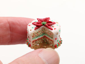 Beautiful Poinsettia Christmas Confetti Cake (Cut Open) - Handmade Miniature Food in 12th Scale