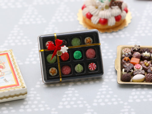 Gift Box of Christmas Treats - Chocolates, Sugar Coated Fruit Gumdrops, Wrapped Candy - Handmade Miniature Food